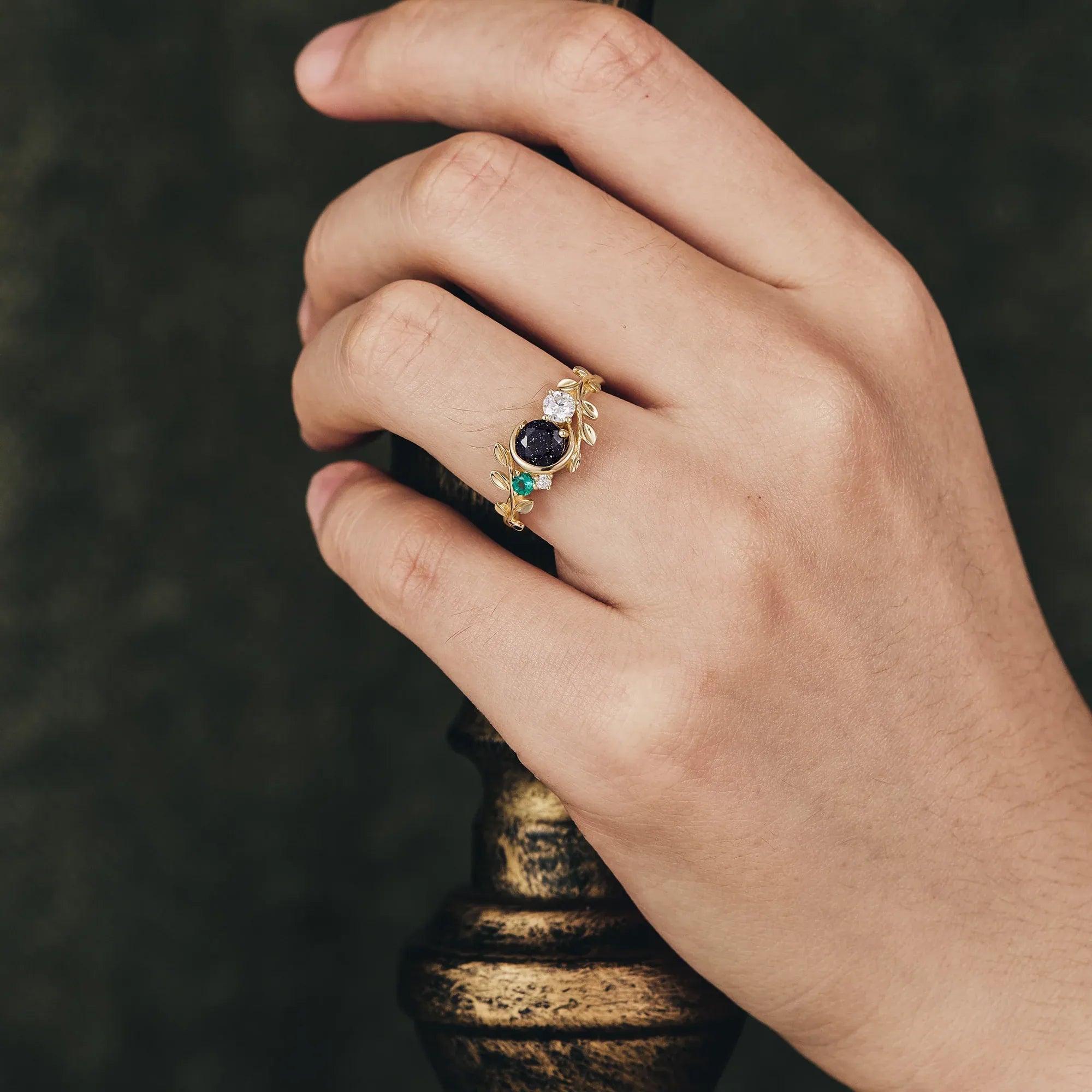 Moon and Leaf Inspired | Star Sandstone and Moissanite Ring - Lyra - GemsMagic