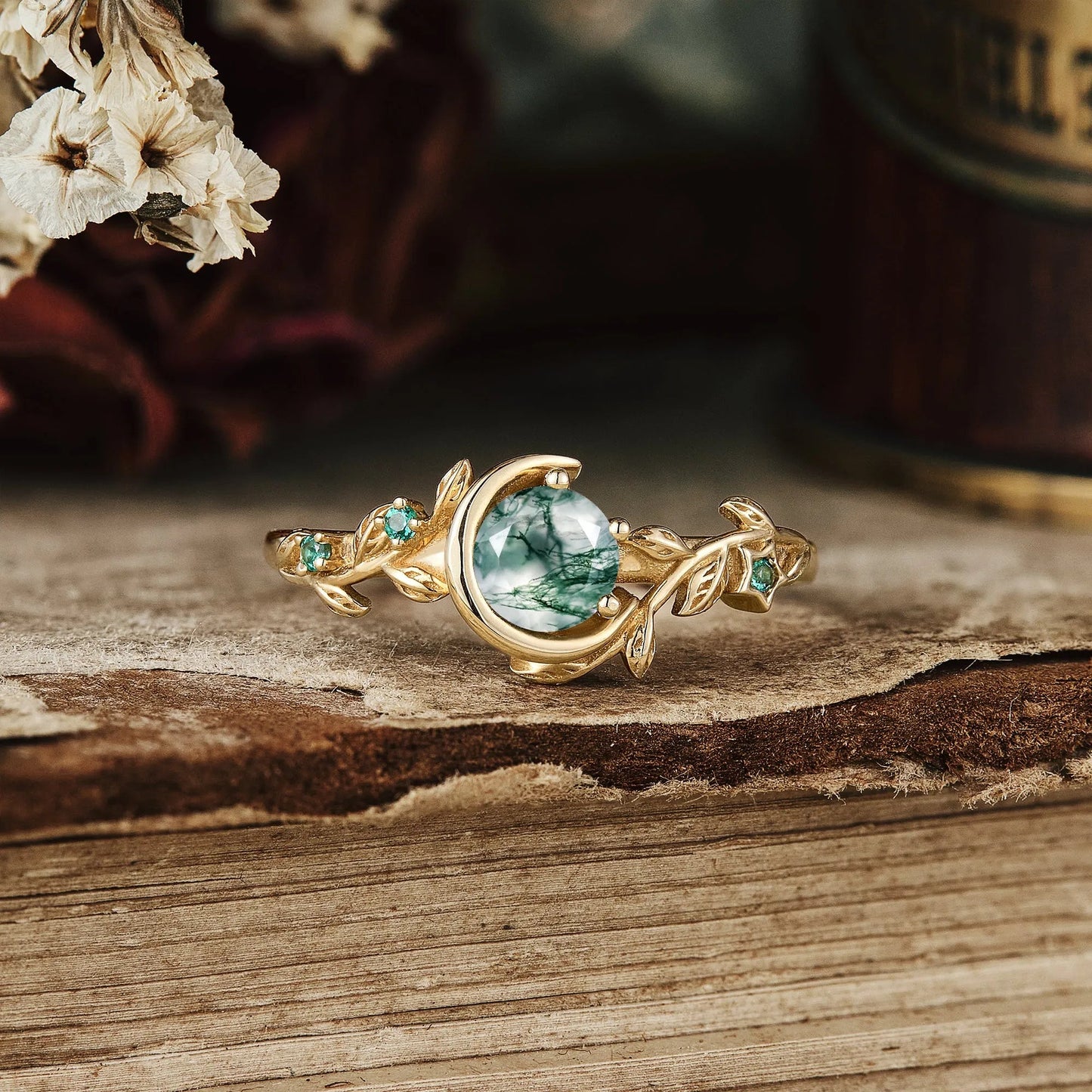 Moon Encircled Moss Agate Ring - Mia - GemsMagic