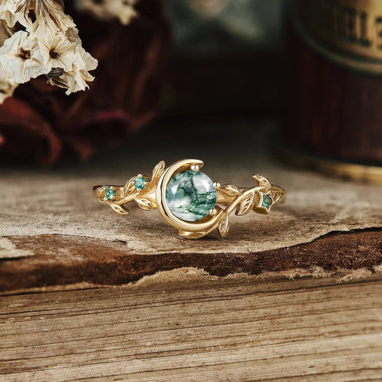 Moon Encircled Moss Agate Ring - Mia - GemsMagic