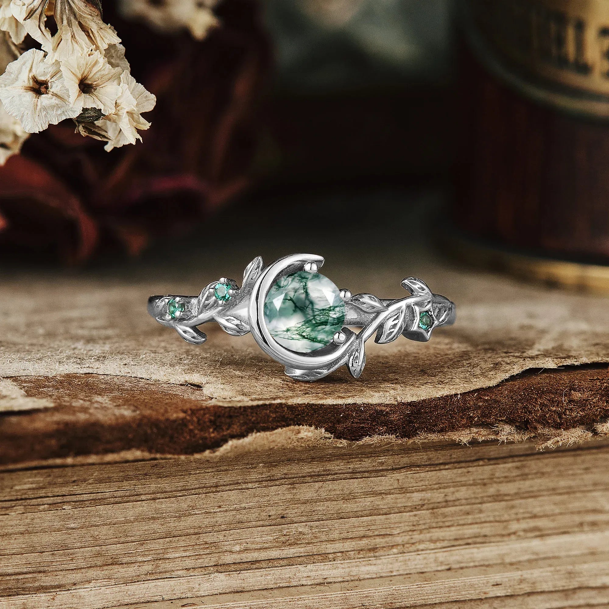 Moon Encircled Moss Agate Ring - Mia - GemsMagic