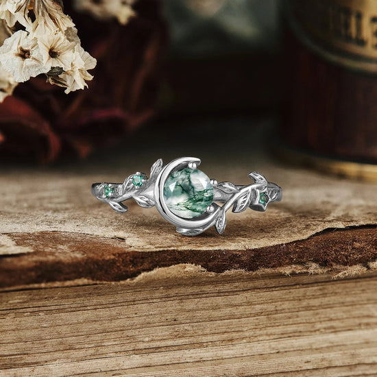 Moon Encircled Moss Agate Ring - Mia - GemsMagic