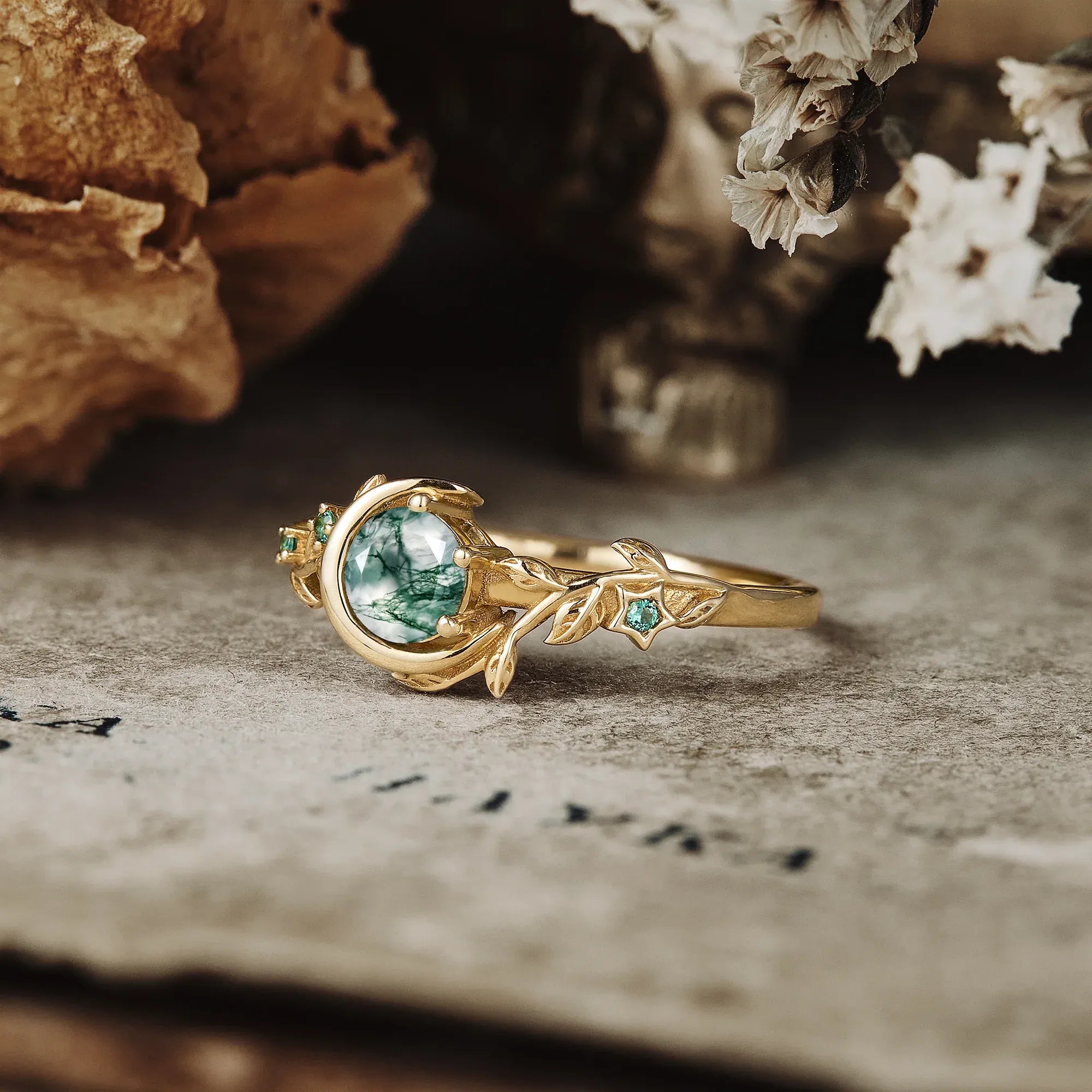Moon Encircled Moss Agate Ring - Mia - GemsMagic