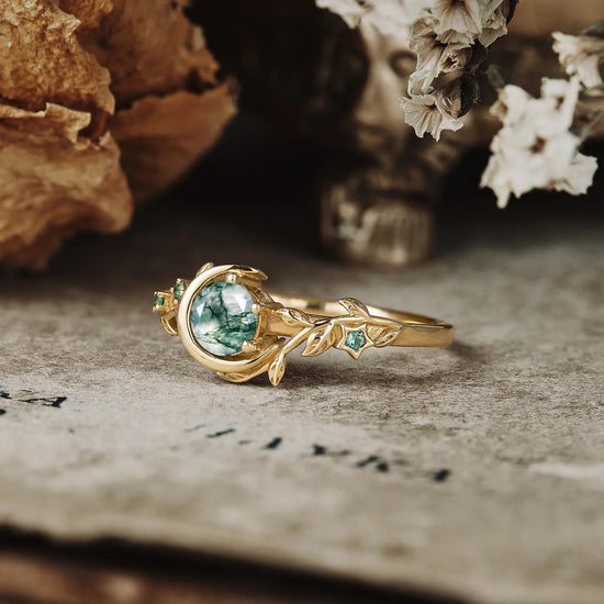 Moon Encircled Moss Agate Ring - Mia - GemsMagic