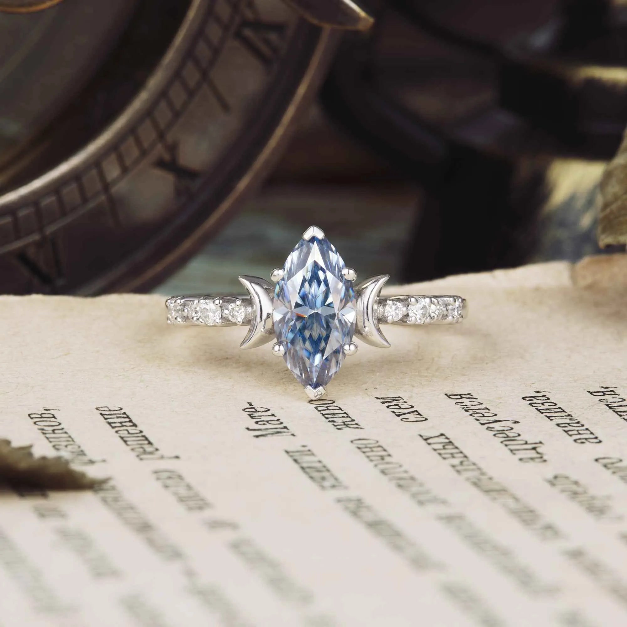 Moon Inspired Marquise Gray Moissanite Engagement Ring - GemsMagic - GemsMagic