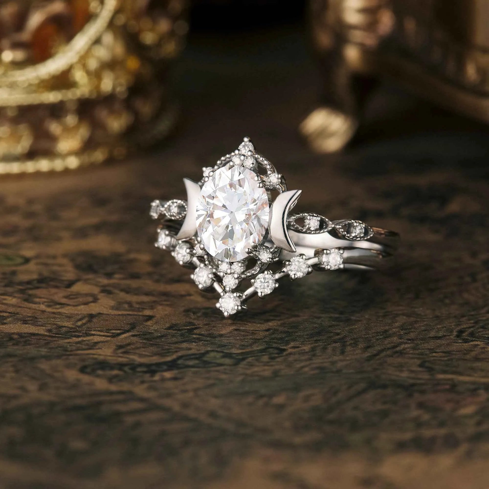 Moon Inspired Moissanite Engagement Ring Set 2pcs - GemsMagic - GemsMagic