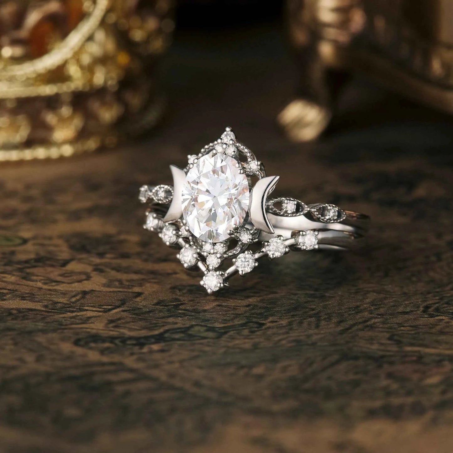 Moon Inspired Moissanite Engagement Ring Set 2pcs - GemsMagic - GemsMagic