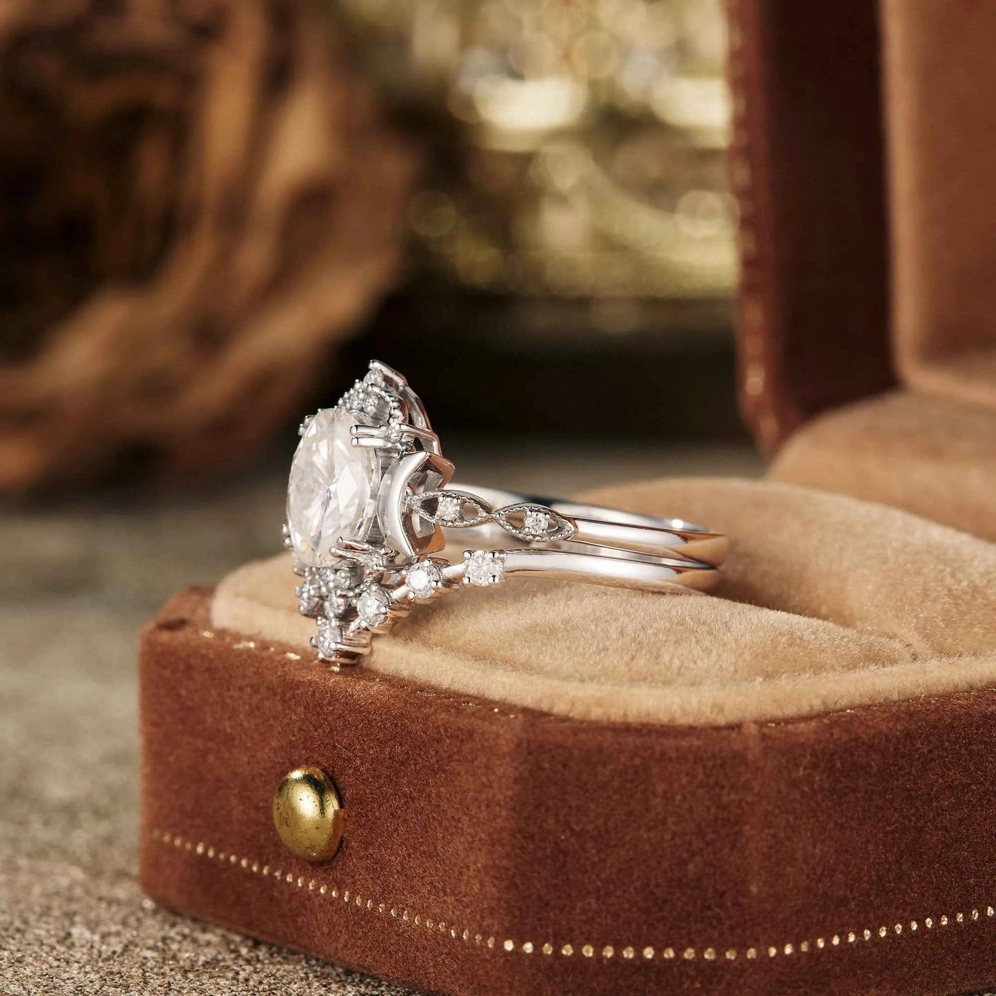 Moon Inspired Moissanite Engagement Ring Set 2pcs - GemsMagic - GemsMagic