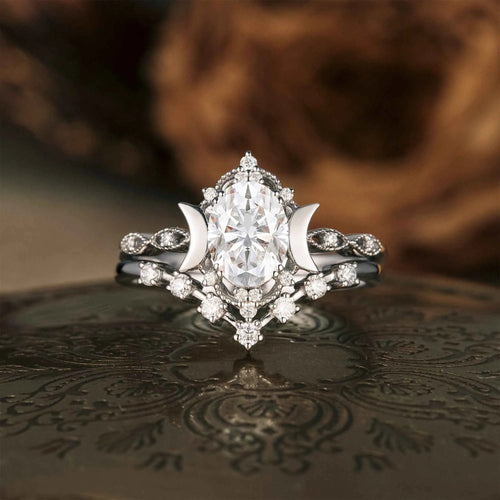 Moon Inspired Moissanite Engagement Ring Set 2pcs - GemsMagic