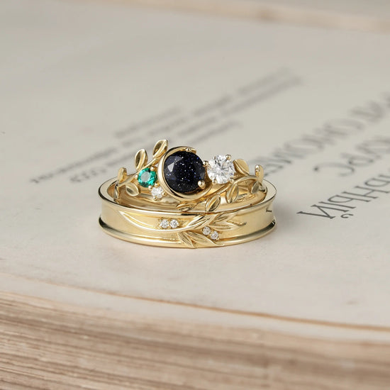 Moon Inspired Star Sandstone and Moissanite Couple Rings - Endless Journey - GemsMagic