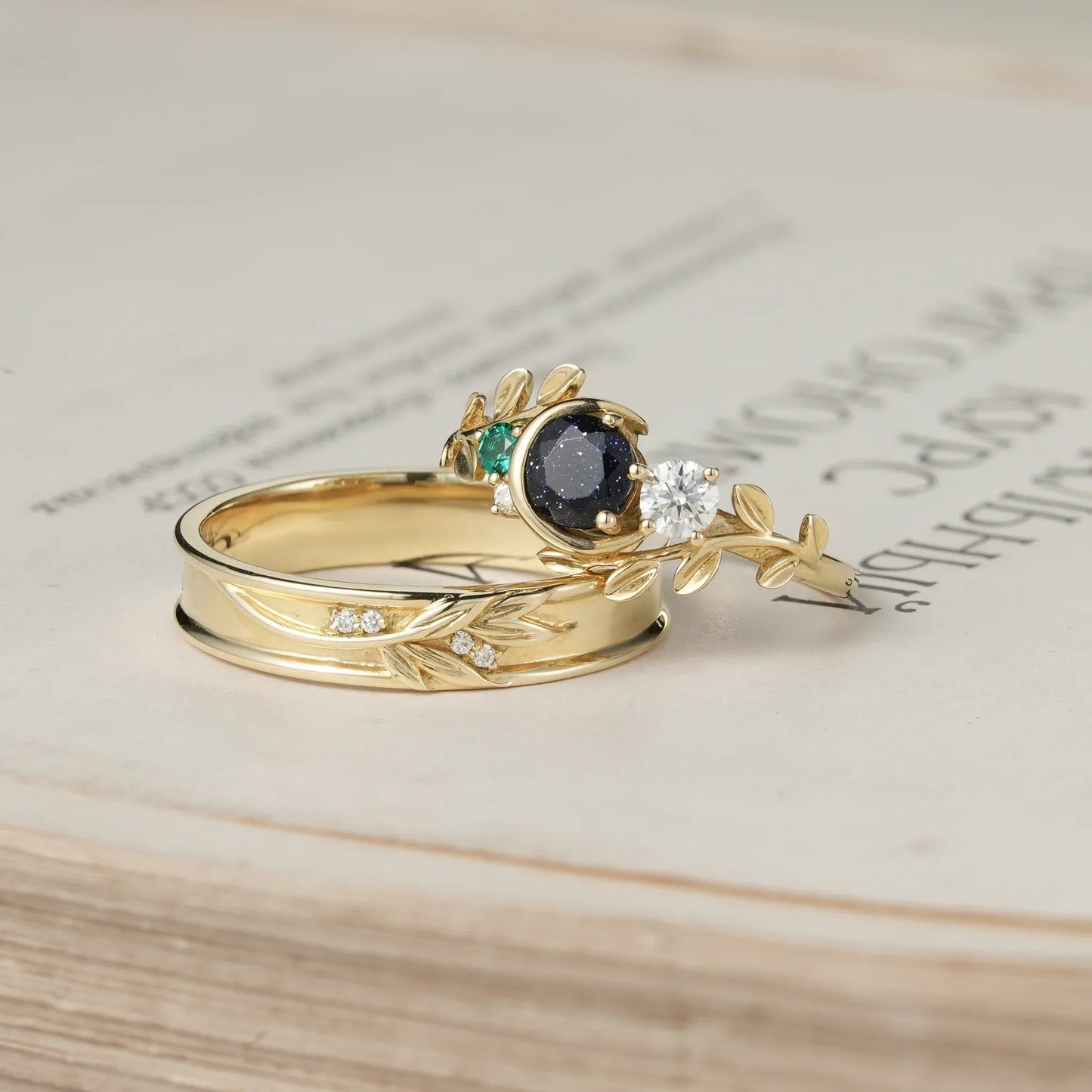 Moon Inspired Star Sandstone and Moissanite Couple Rings - Endless Journey - GemsMagic