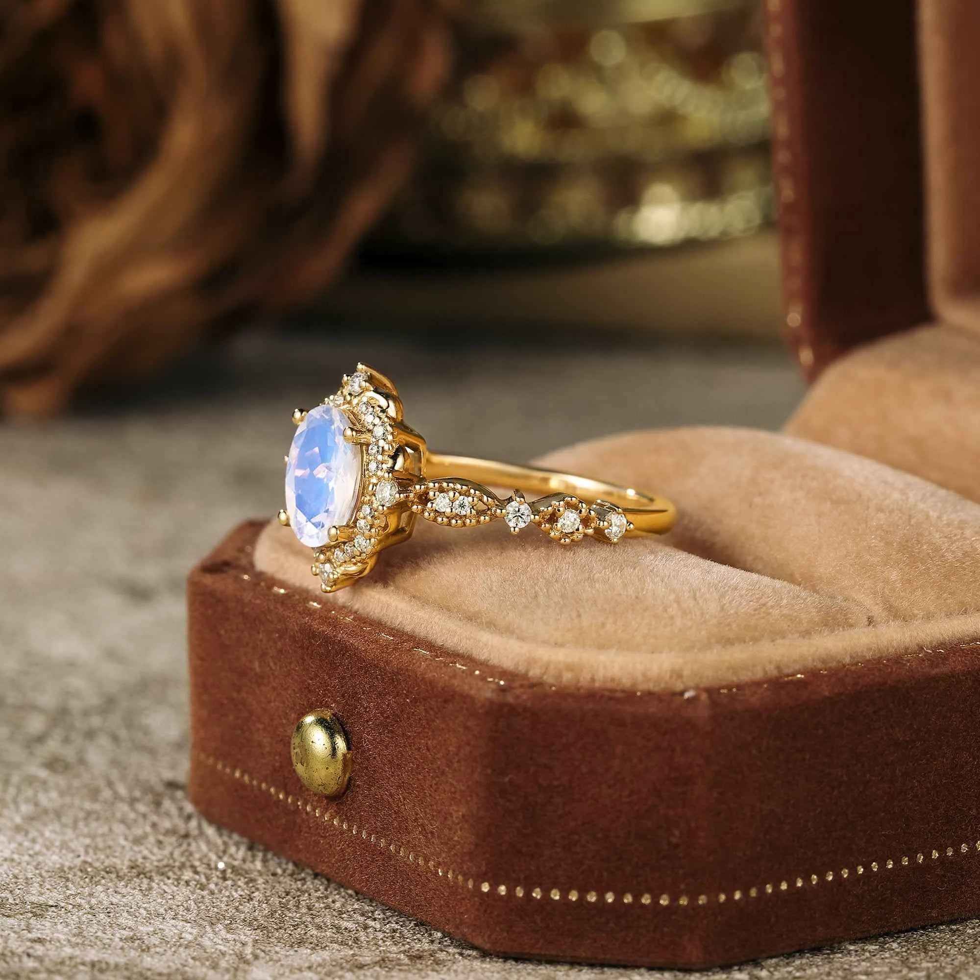 Moonstone Halo Engagement Ring - Arabella - GemsMagic - GemsMagic