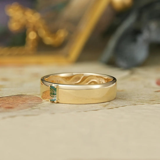 Moss Agate Band with Intricate Scroll and Leaf Inner Engraving - Dominic - GemsMagic