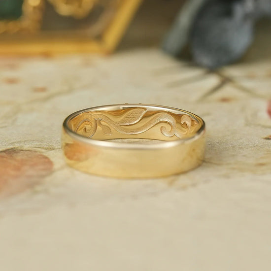 Moss Agate Band with Intricate Scroll and Leaf Inner Engraving - Dominic - GemsMagic