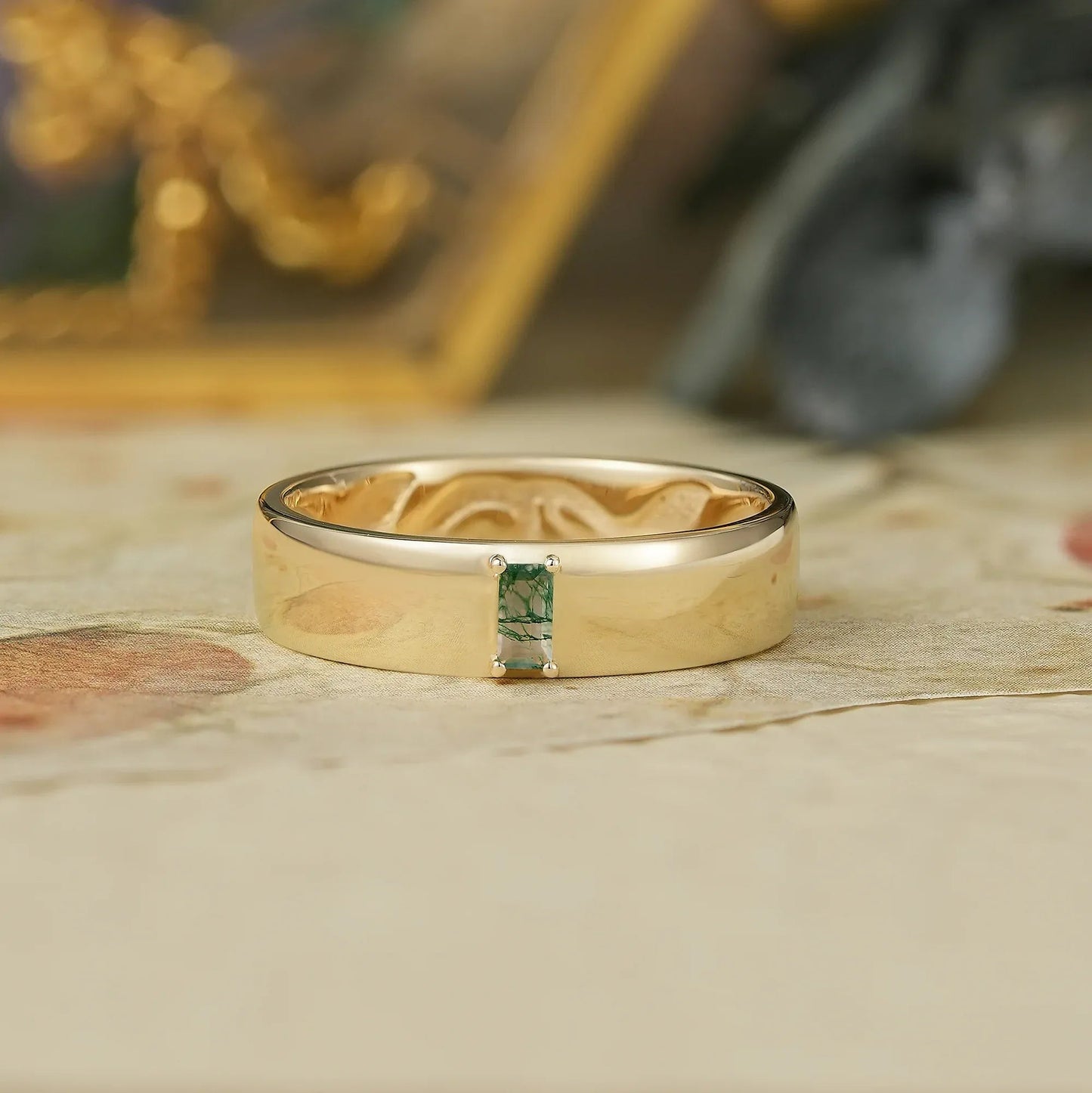 Moss Agate Band with Intricate Scroll and Leaf Inner Engraving - Dominic - GemsMagic