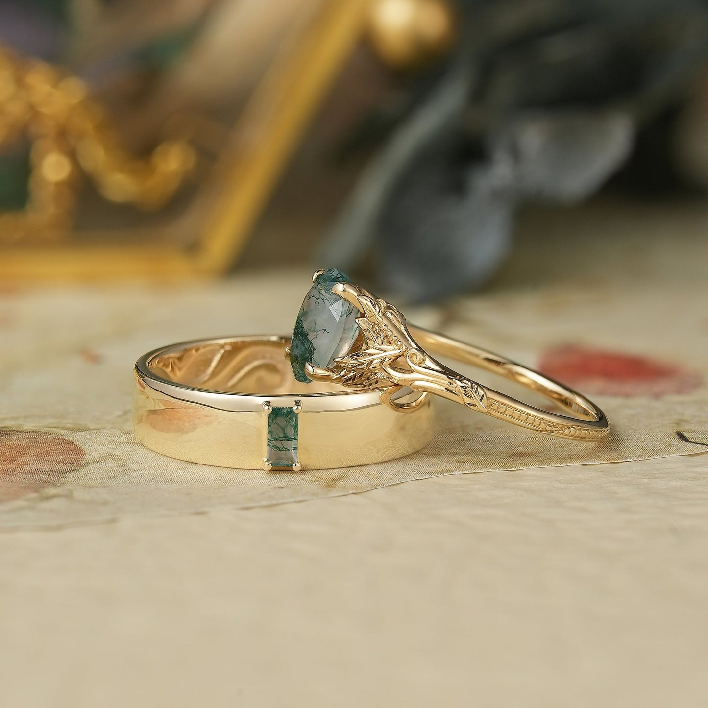 Moss Agate Couple Ring Set - You Are My Always - GemsMagic