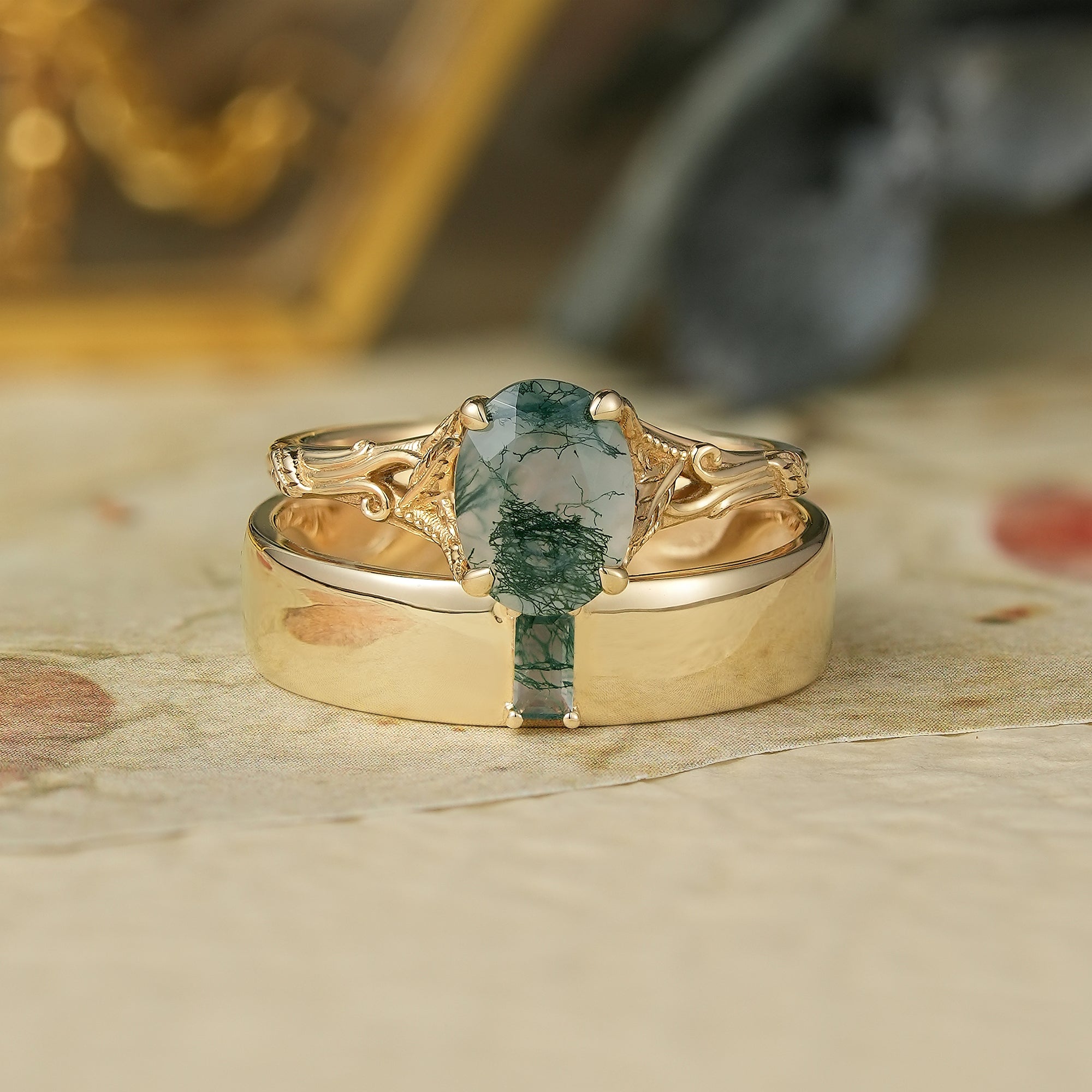 Moss Agate Couple Ring Set - You Are My Always - GemsMagic