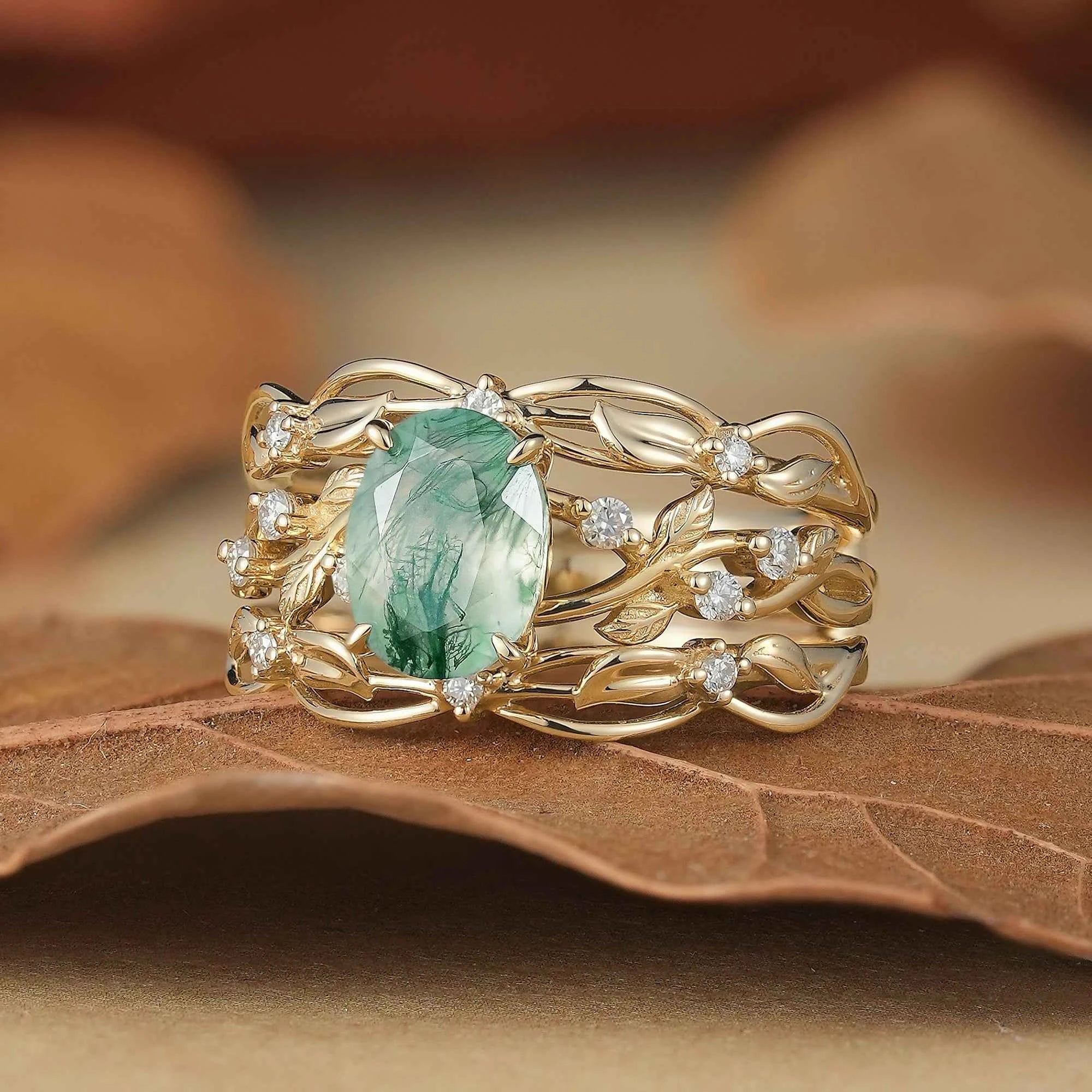 Moss Agate Leafy Enhancer Ring Set 2pcs - Aya - GemsMagic