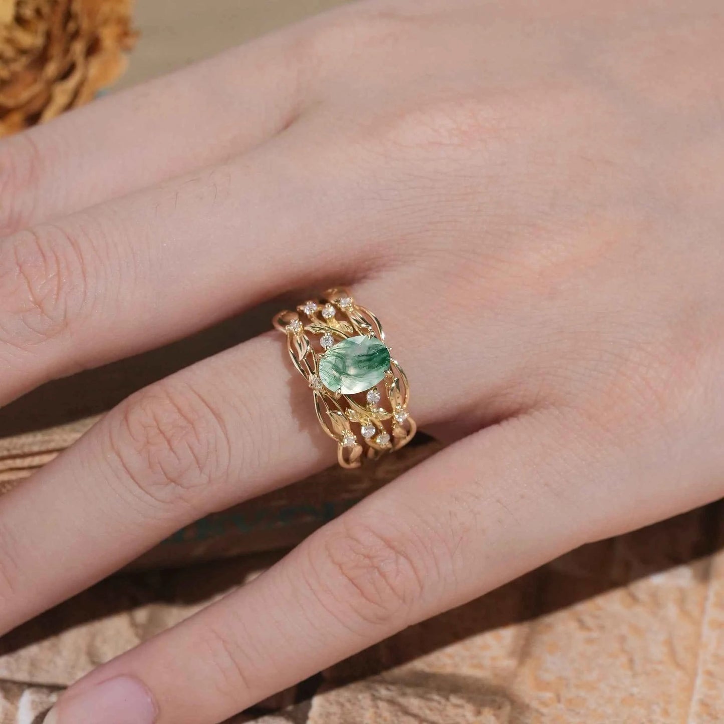 Moss Agate Leafy Enhancer Ring Set 2pcs - Aya - GemsMagic