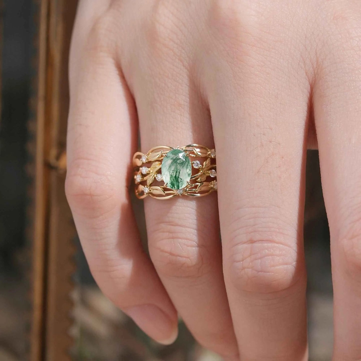 Moss Agate Leafy Enhancer Ring Set 2pcs - Aya - GemsMagic