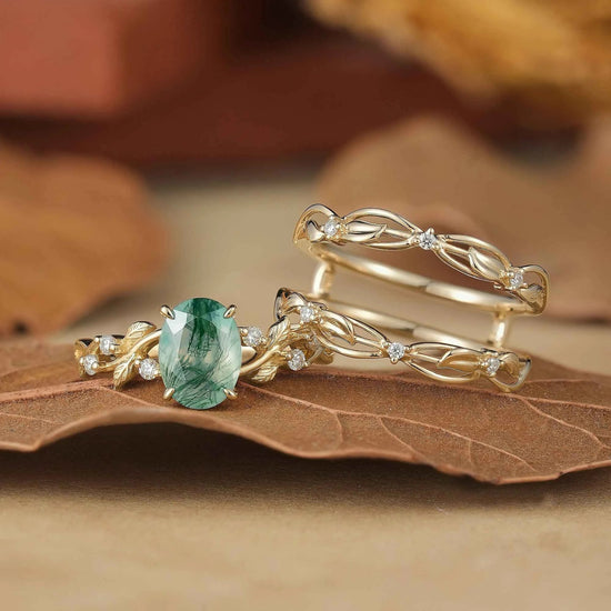 Moss Agate Leafy Enhancer Ring Set 2pcs - Aya - GemsMagic