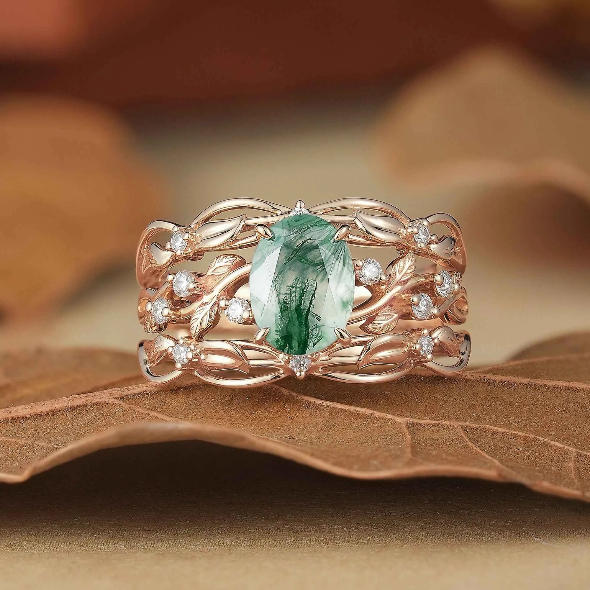 Moss Agate Leafy Enhancer Ring Set 2pcs - Aya - GemsMagic