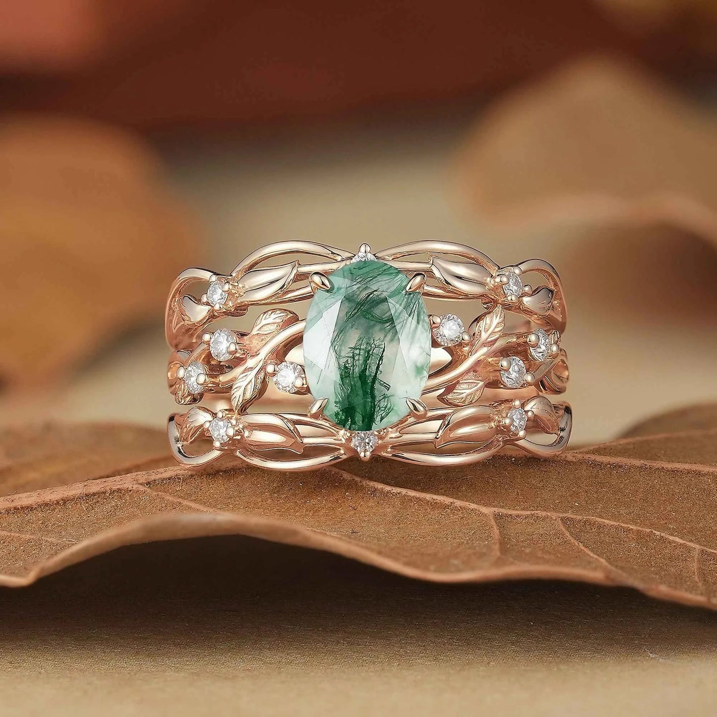 Moss Agate Leafy Enhancer Ring Set 2pcs - Aya - GemsMagic