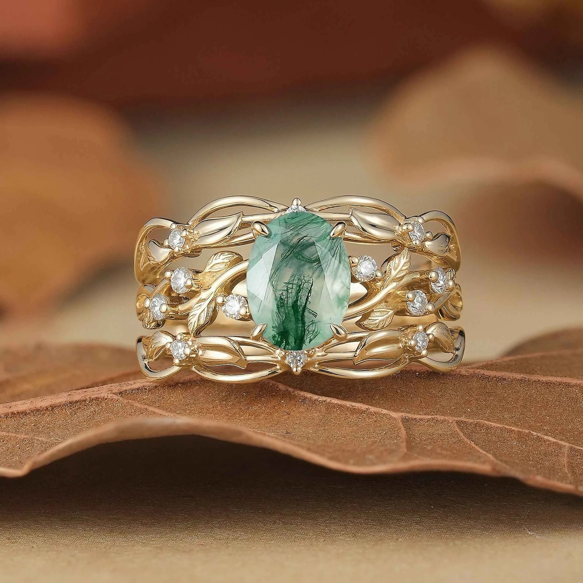 Moss Agate Leafy Enhancer Ring Set 2pcs - Aya - GemsMagic