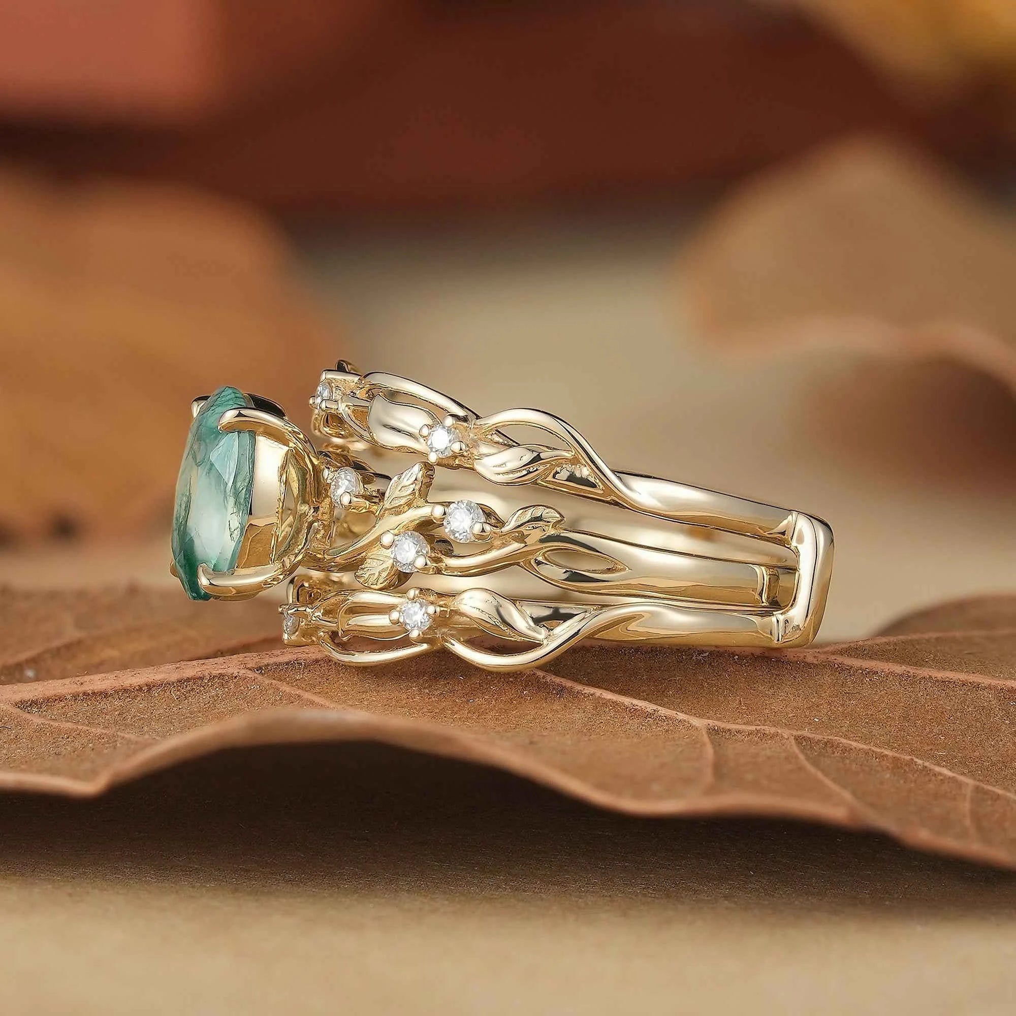 Moss Agate Leafy Enhancer Ring Set 2pcs - Aya - GemsMagic