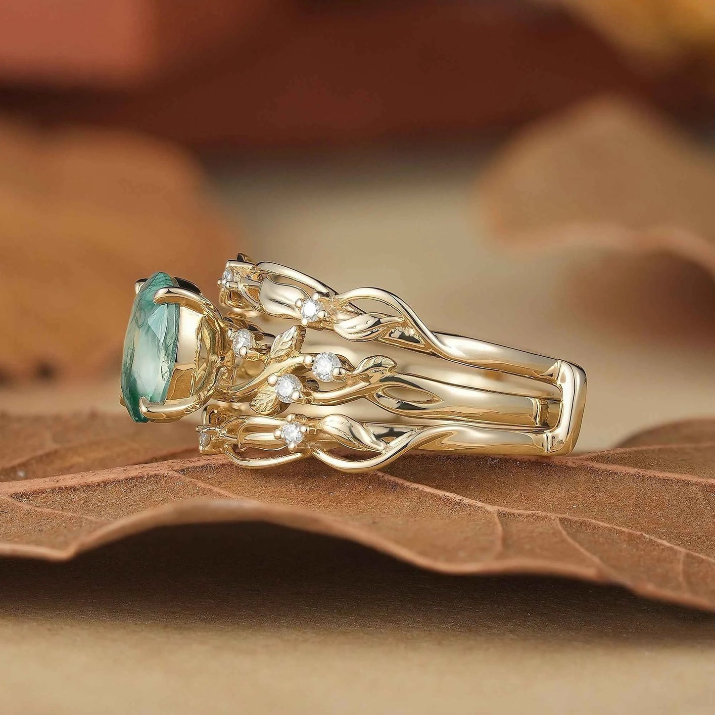 Moss Agate Leafy Enhancer Ring Set 2pcs - Aya - GemsMagic