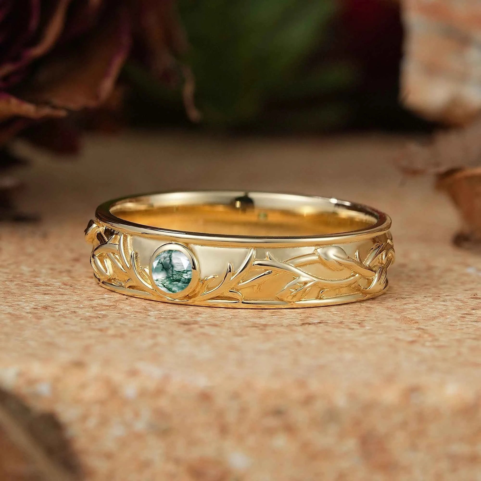 Moss Agate Nature Inspired Men's Ring Stag Men's Band