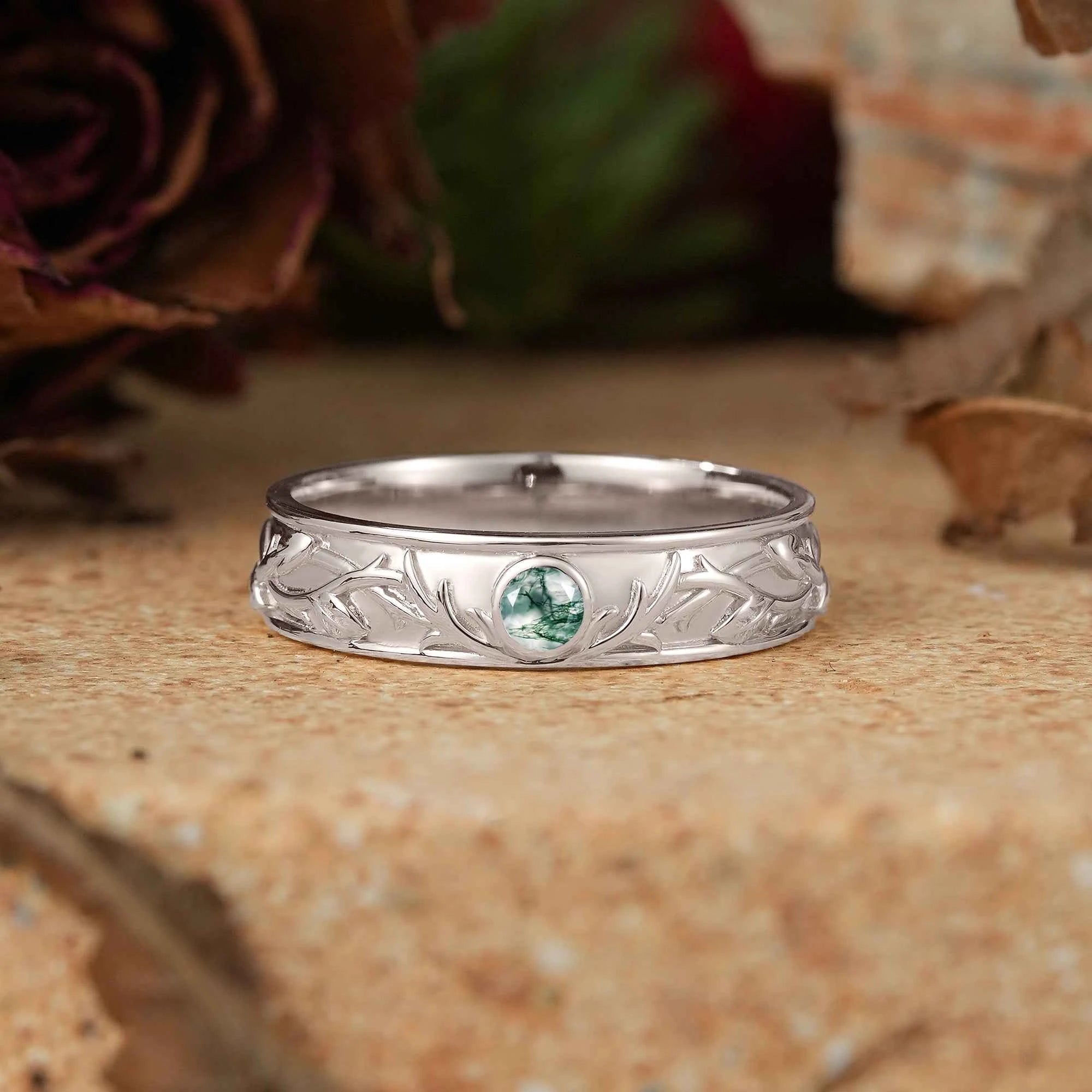 Moss Agate Nature Inspired Men's Ring Stag Men's Band
