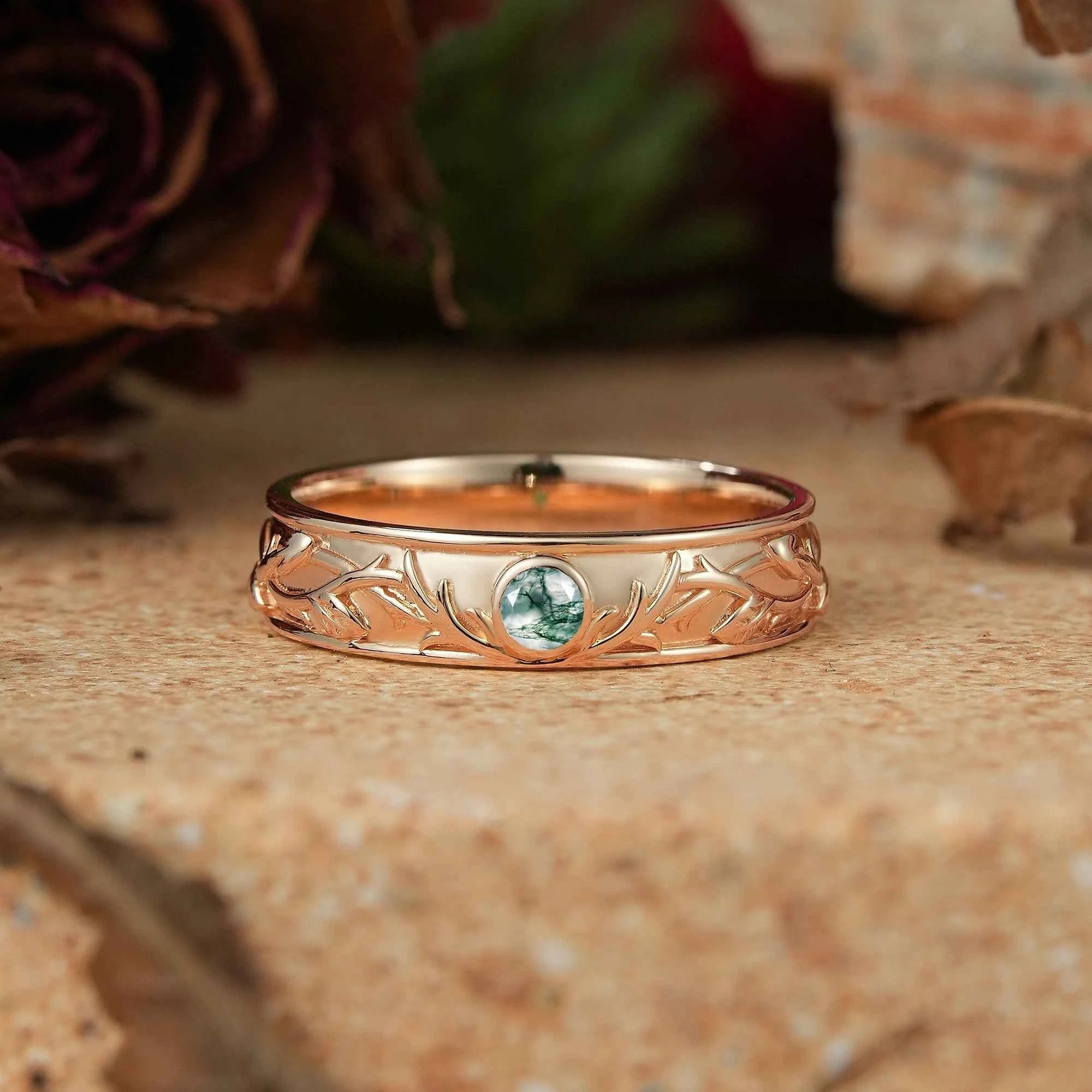 Moss Agate Nature Inspired Men's Ring Stag Men's Band