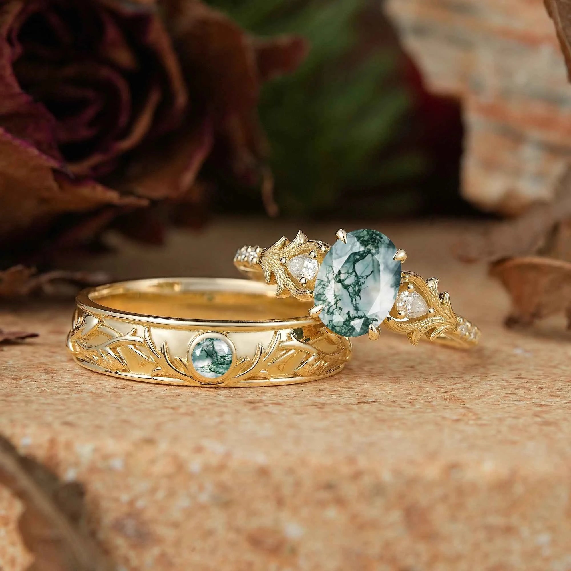Moss Agate Stag Inspired Couple Ring Set Nature Inspired Elven Rings - GemsMagic