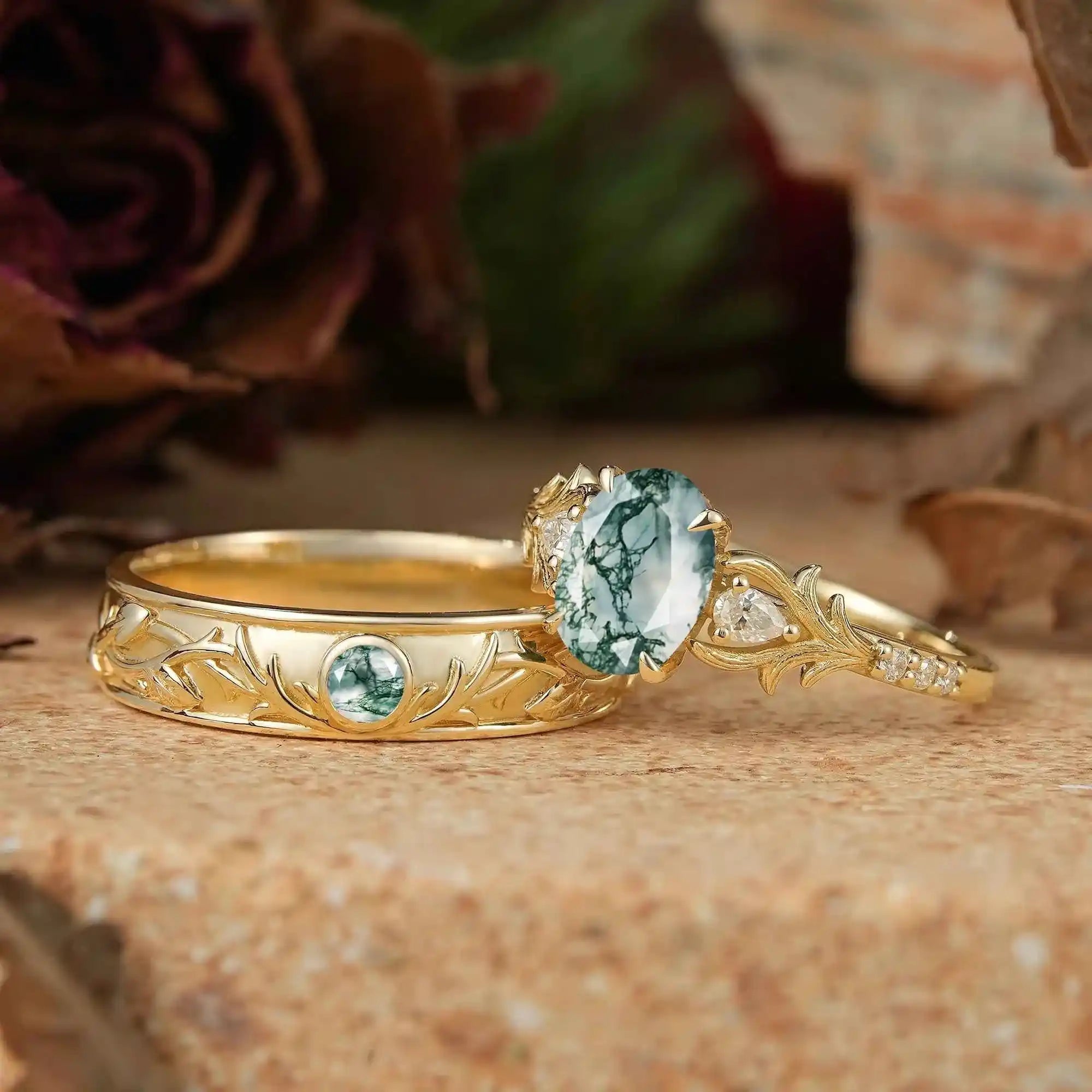 Moss Agate Stag Inspired Couple Ring Set Nature Inspired Elven Rings