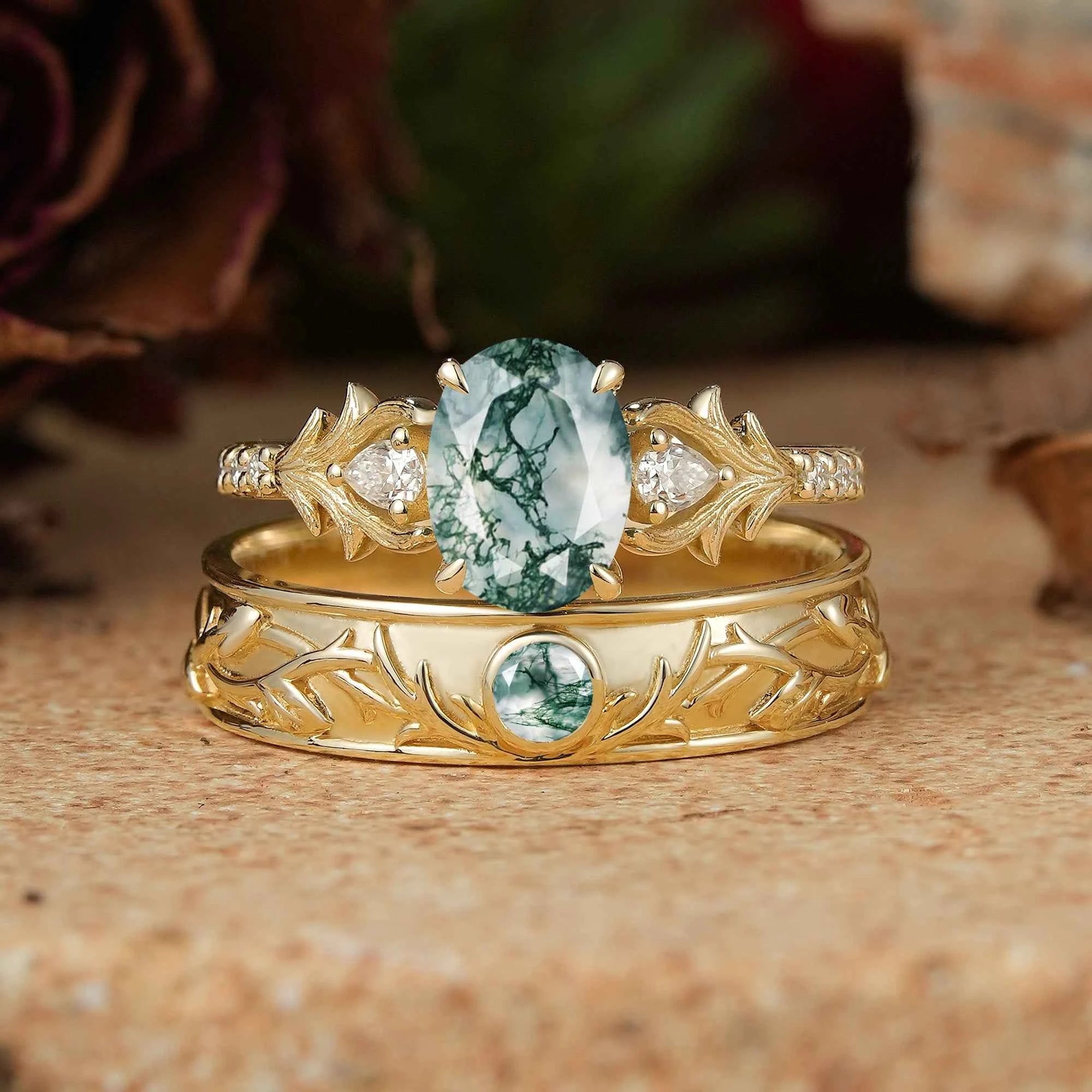 Moss Agate Stag Inspired Couple Ring Set Nature Inspired Elven Rings - GemsMagic