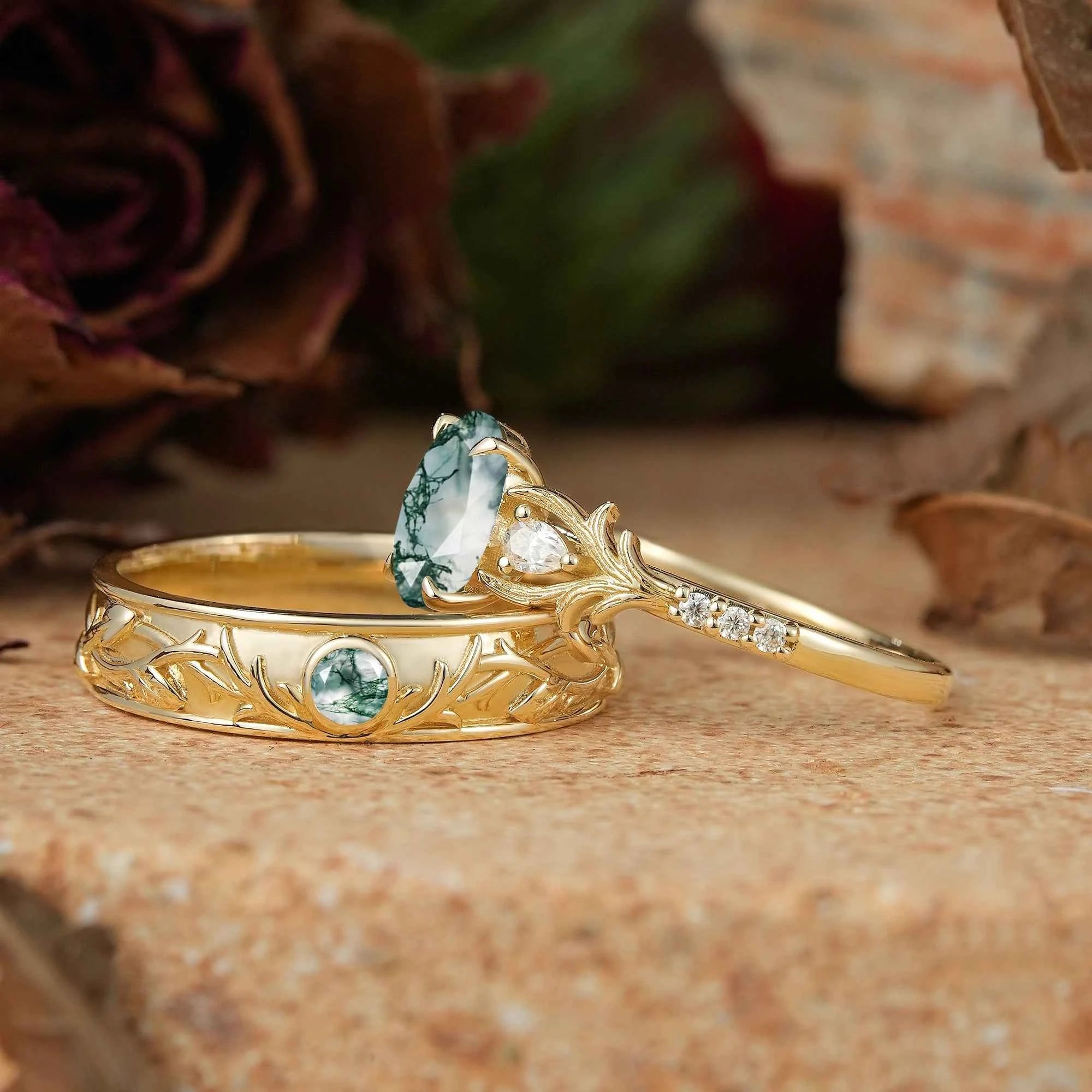 Moss Agate Stag Inspired Couple Ring Set Nature Inspired Elven Rings - GemsMagic