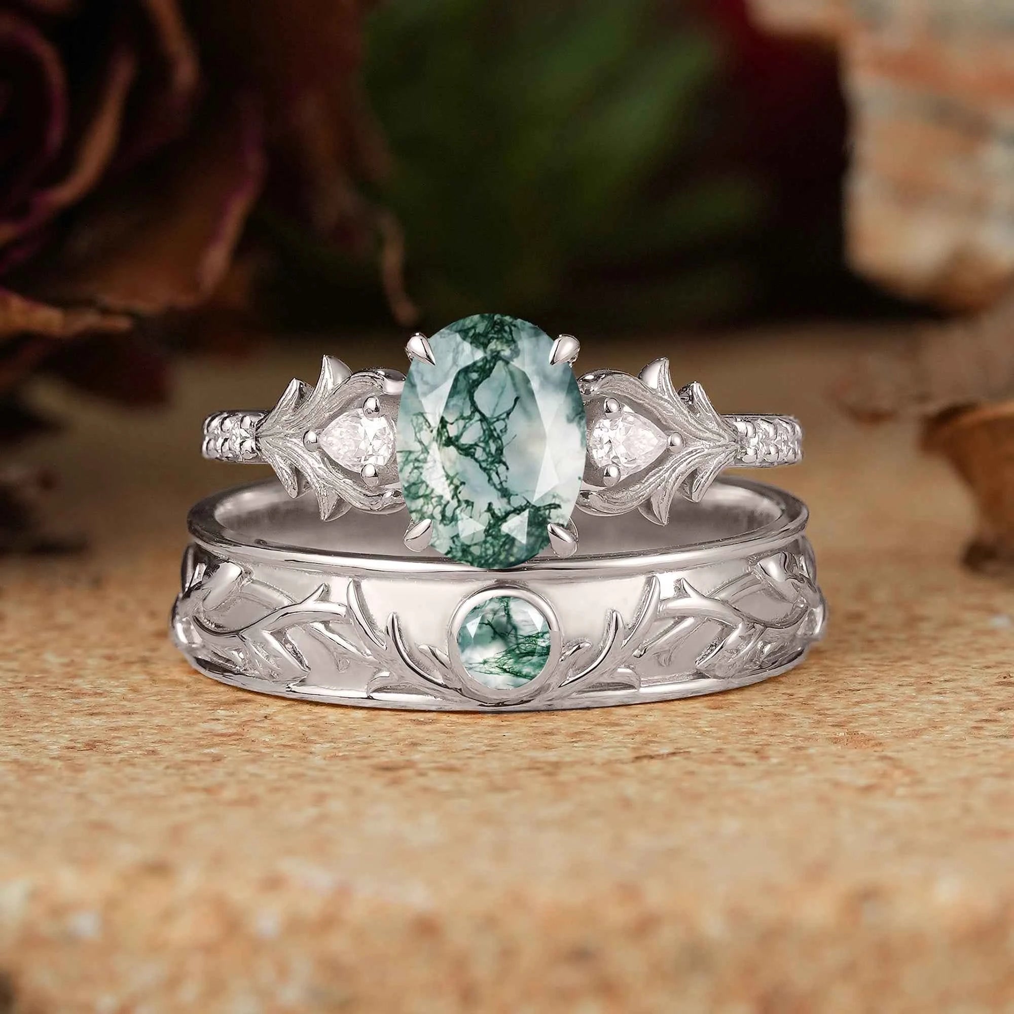 Moss Agate Stag Inspired Couple Ring Set Nature Inspired Elven Rings - GemsMagic