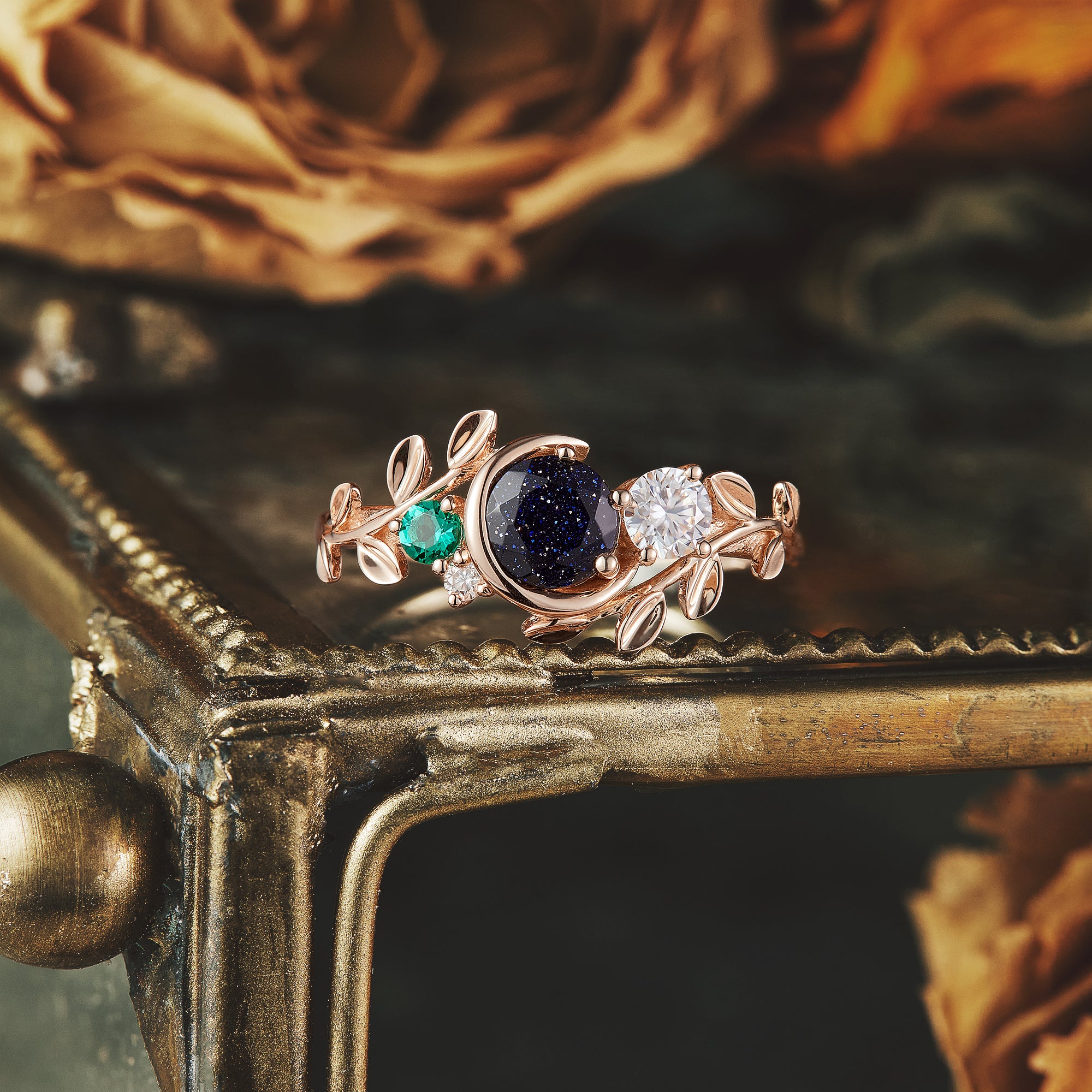 Moon and Leaf Inspired | Star Sandstone and Moissanite Ring - Lyra