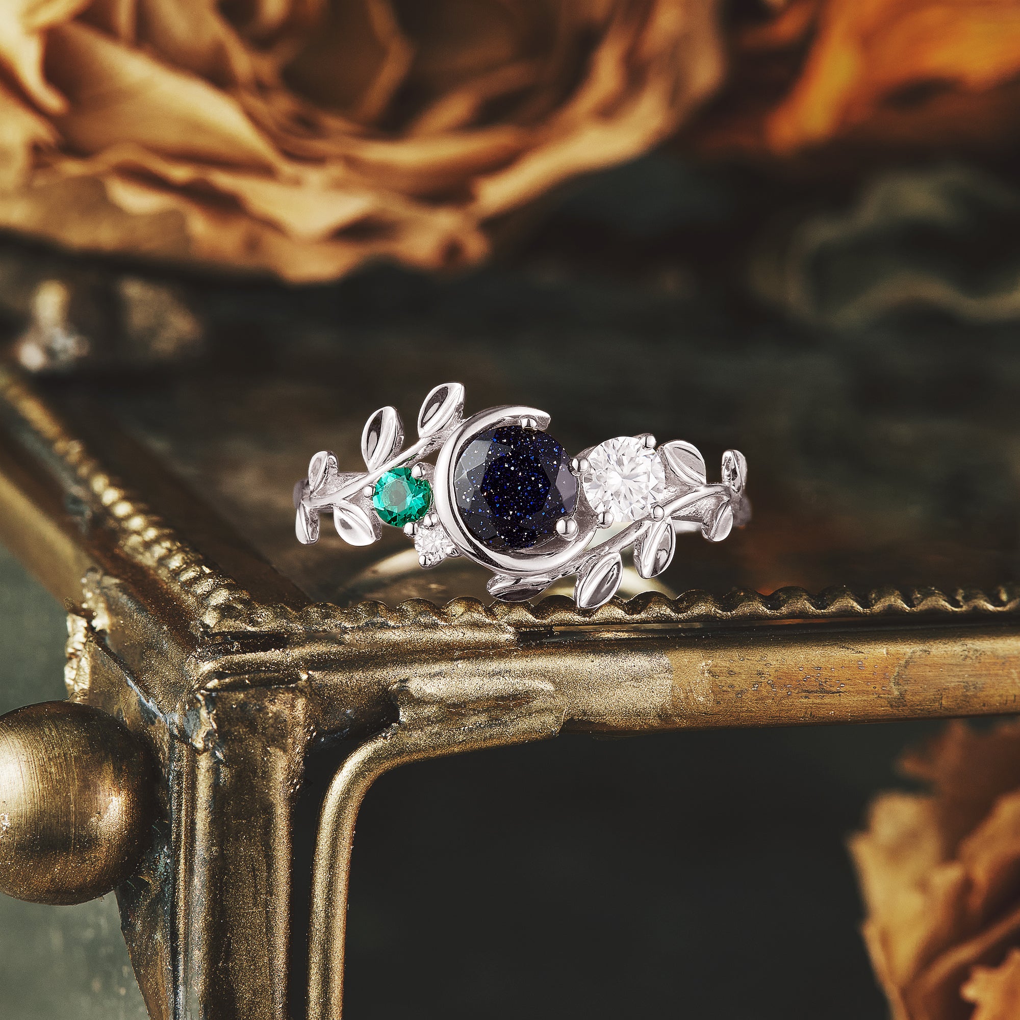 Moon and Leaf Inspired | Star Sandstone and Moissanite Ring - Lyra