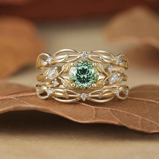 Natural Green Sapphire & Moissanite Ring Set 2pcs - Lumi - GemsMagic
