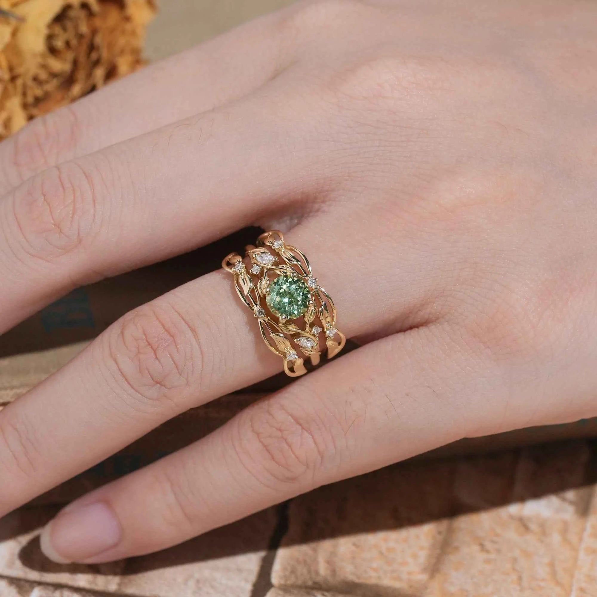 Natural Green Sapphire & Moissanite Ring Set 2pcs - Lumi - GemsMagic