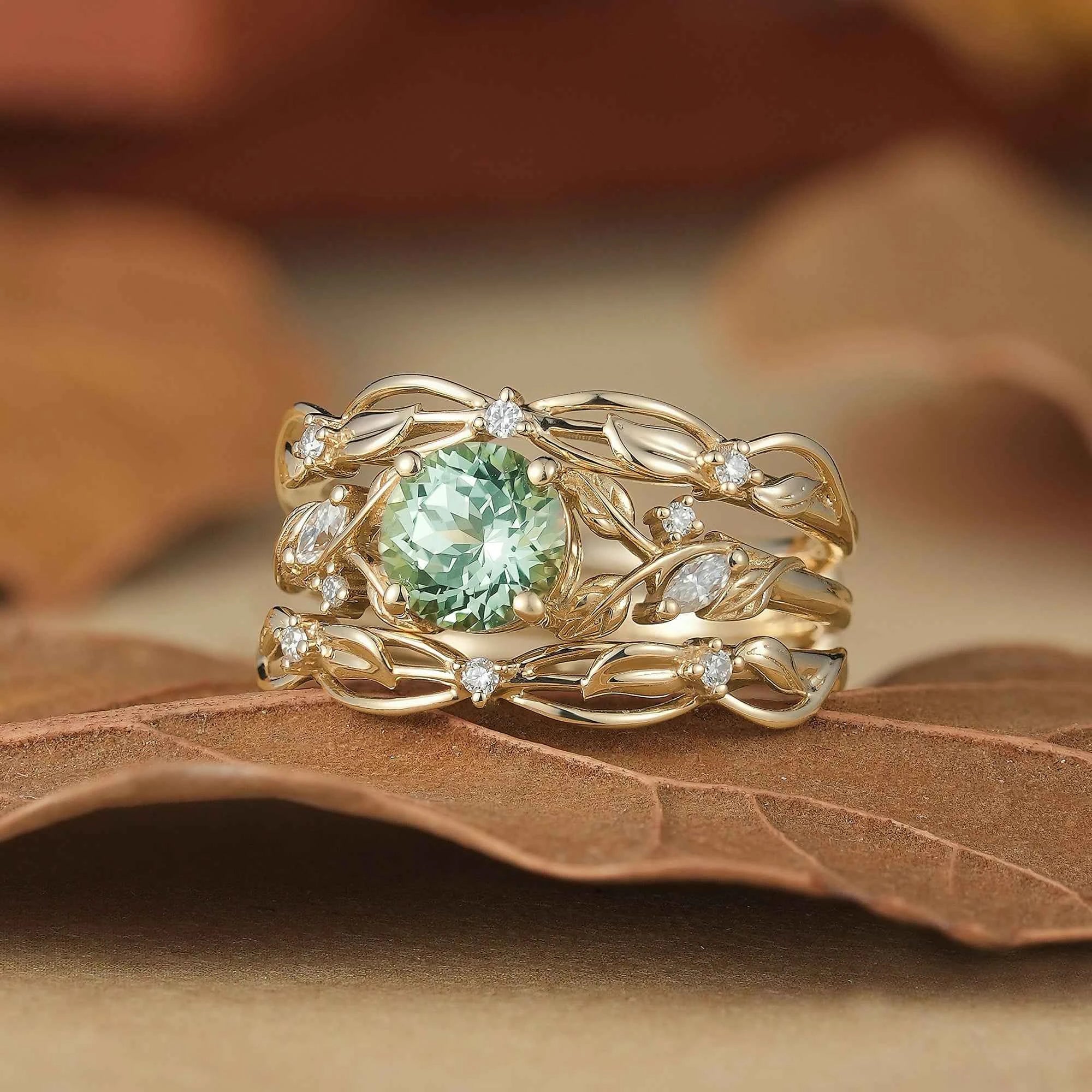 Natural Green Sapphire & Moissanite Ring Set 2pcs - Lumi - GemsMagic