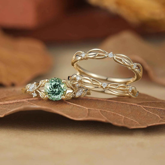 Natural Green Sapphire & Moissanite Ring Set 2pcs - Lumi - GemsMagic