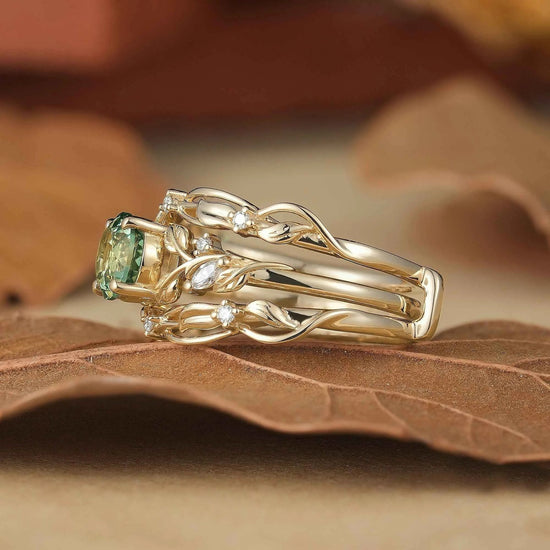 Natural Green Sapphire & Moissanite Ring Set 2pcs - Lumi - GemsMagic