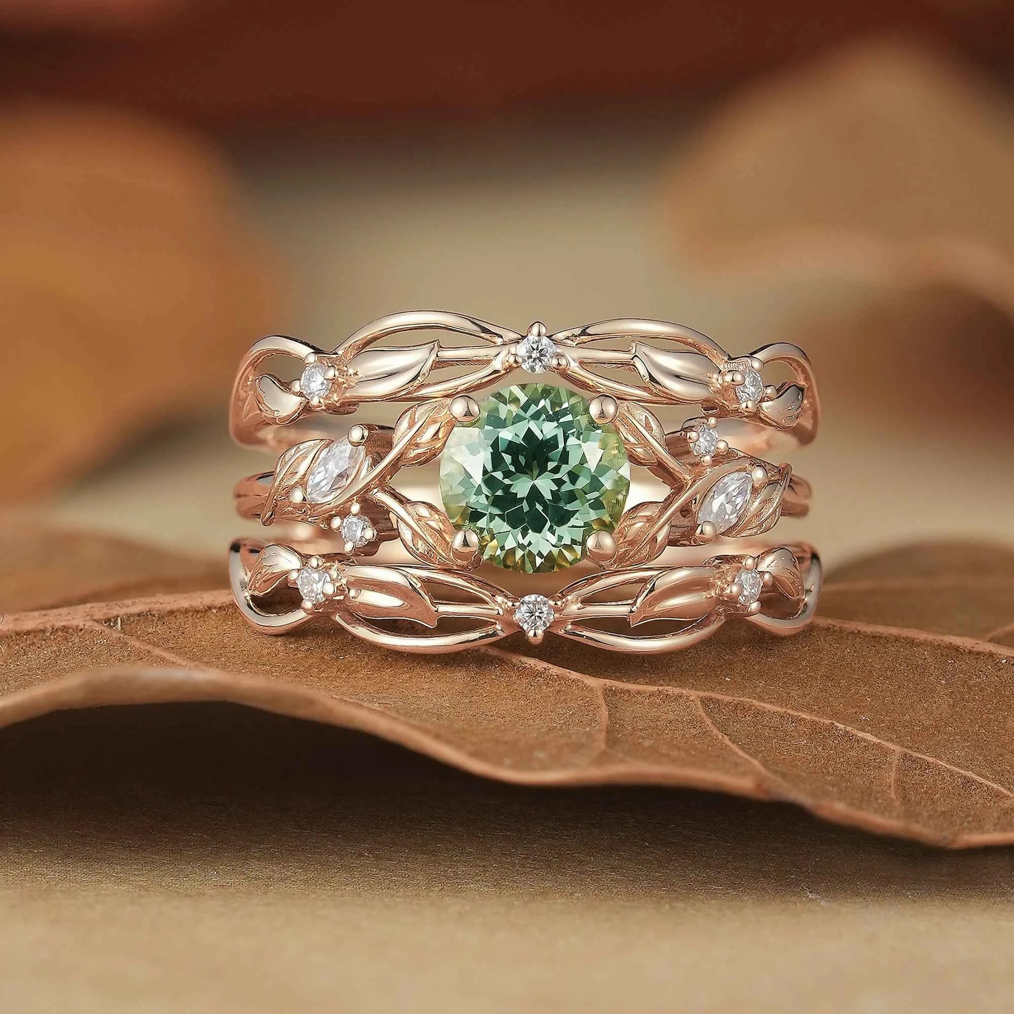 Natural Green Sapphire & Moissanite Ring Set 2pcs - Lumi - GemsMagic