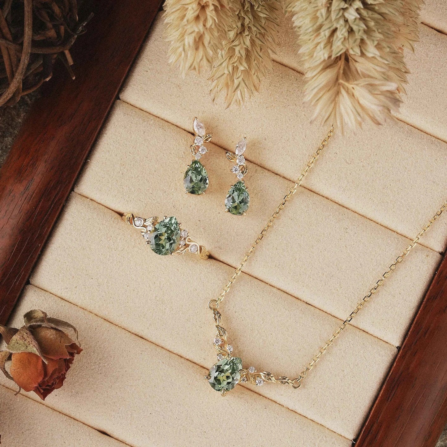 Nature Inspired 3pcs Green Sapphire Jewelry Sets - Ring & Necklace & Earrings - GemsMagic