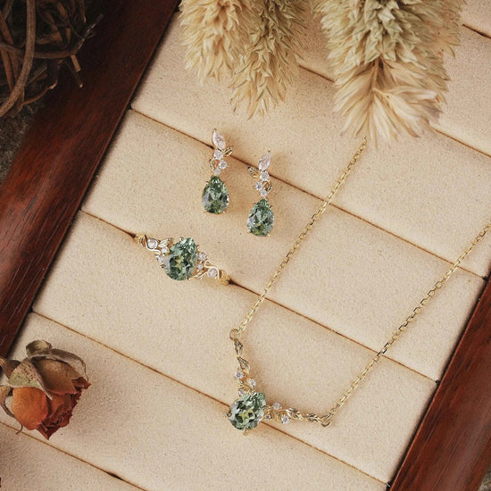 Nature Inspired 3pcs Green Sapphire Jewelry Sets - Ring & Necklace & Earrings - GemsMagic