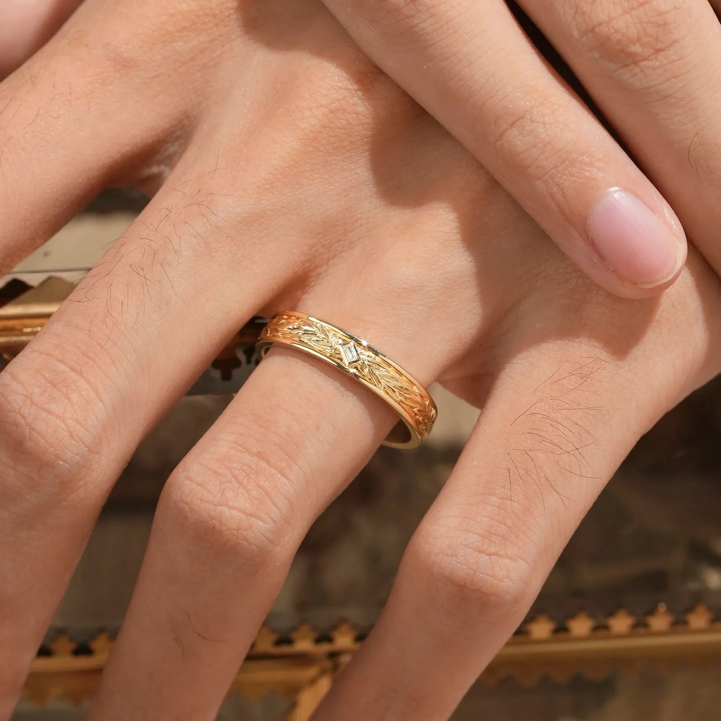 Nature Inspired Baguette Cut Moissanite Men's Band - Felix - GemsMagic