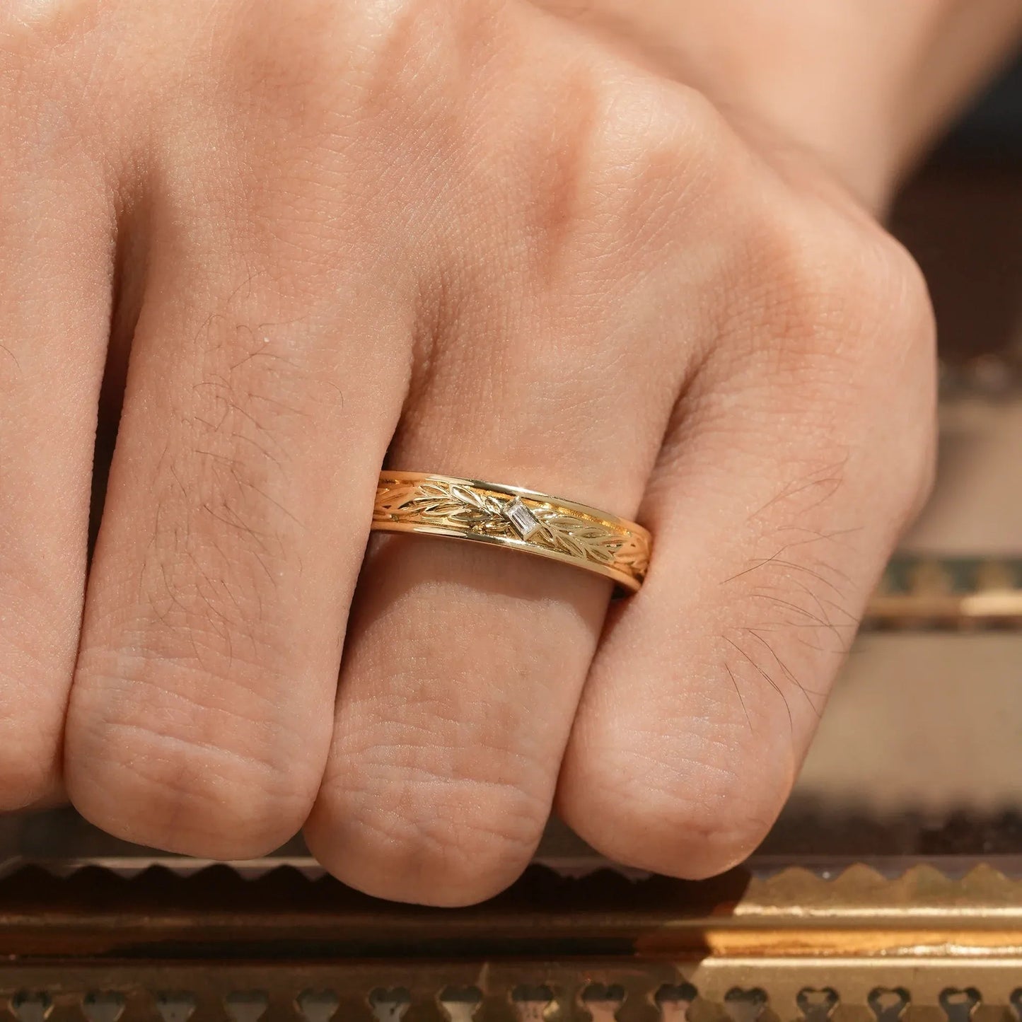 Nature Inspired Baguette Cut Moissanite Men's Band - Felix - GemsMagic