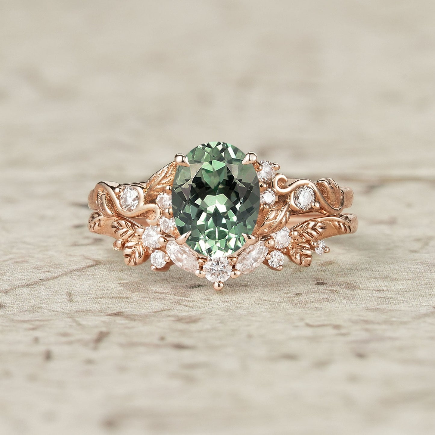 Nature Inspired Green Sapphire Bridal Set 2pcs - Aveline - GemsMagic